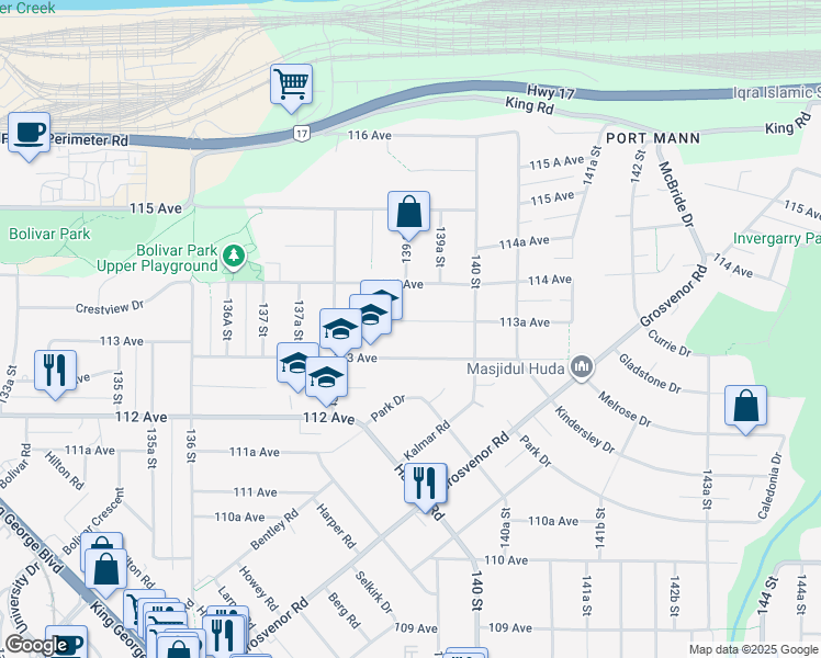 map of restaurants, bars, coffee shops, grocery stores, and more near 11308 113A Avenue in Surrey