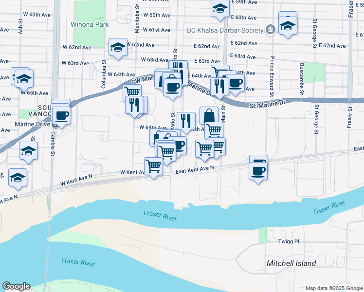 map of restaurants, bars, coffee shops, grocery stores, and more near 34 East 69th Avenue in Vancouver