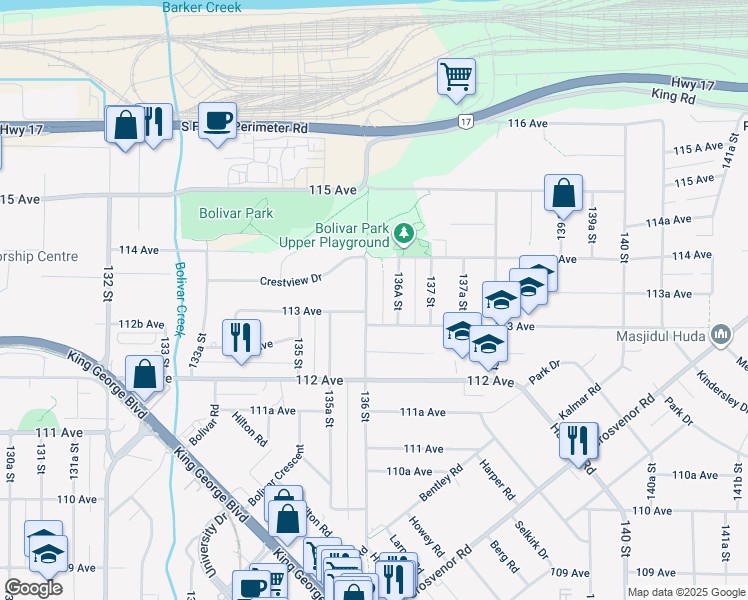map of restaurants, bars, coffee shops, grocery stores, and more near 11334 136 Street in Surrey