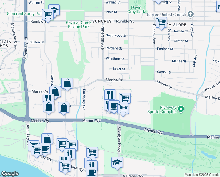 map of restaurants, bars, coffee shops, grocery stores, and more near 8485 New Haven Close in Burnaby