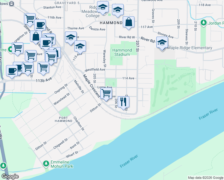 map of restaurants, bars, coffee shops, grocery stores, and more near 20582 Lorne Avenue in Maple Ridge