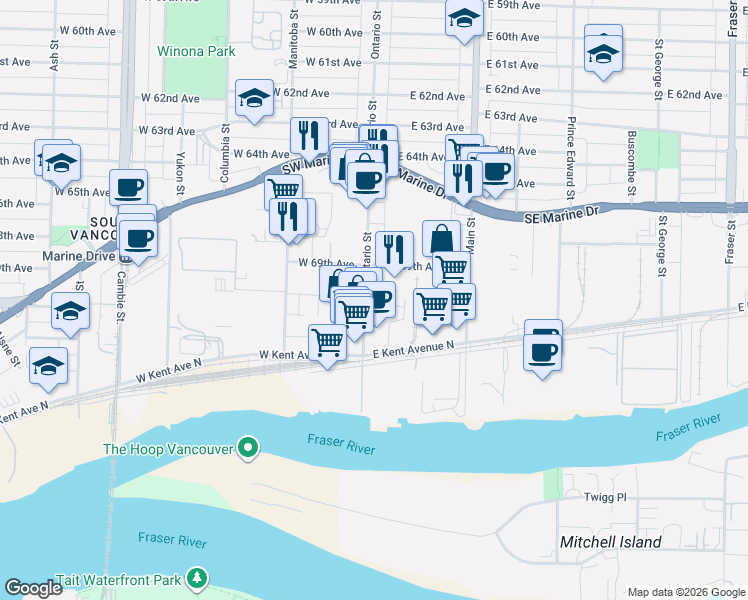 map of restaurants, bars, coffee shops, grocery stores, and more near 8360 Ontario Street in Vancouver