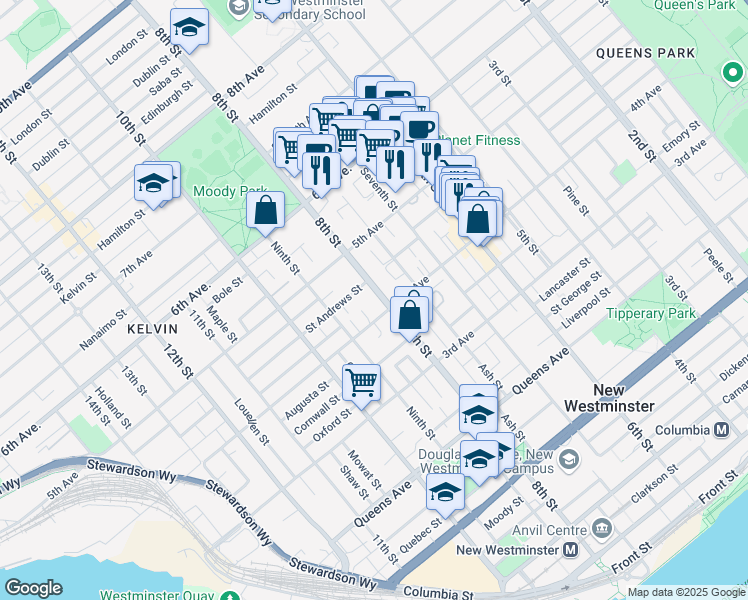 map of restaurants, bars, coffee shops, grocery stores, and more near 408 8th Street in New Westminster