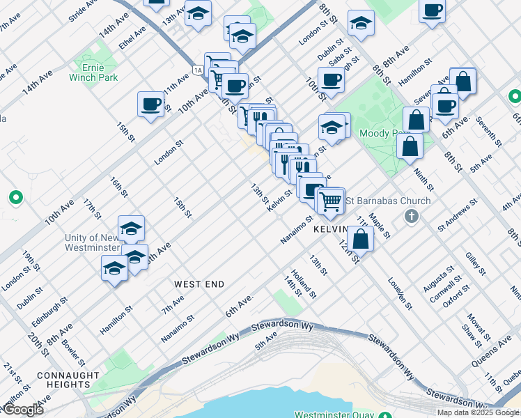 map of restaurants, bars, coffee shops, grocery stores, and more near 1306 Hamilton Street in New Westminster