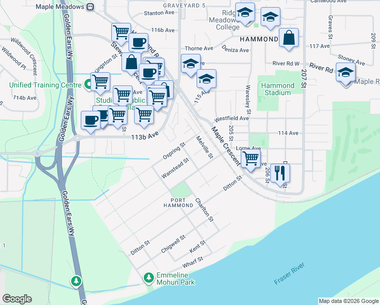 map of restaurants, bars, coffee shops, grocery stores, and more near in Maple Ridge