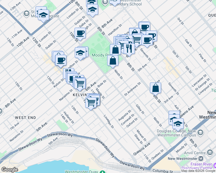 map of restaurants, bars, coffee shops, grocery stores, and more near 1009 Howay Street in New Westminster
