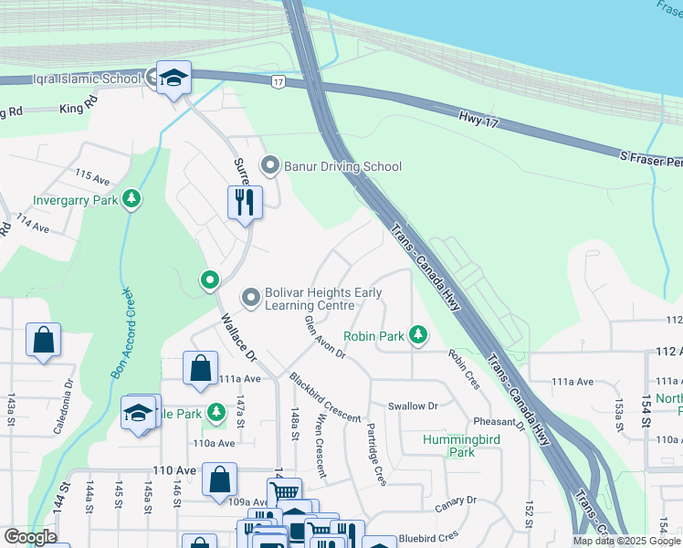 map of restaurants, bars, coffee shops, grocery stores, and more near 11331 Loughren Drive in Surrey