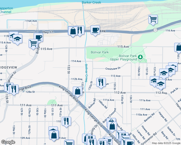 map of restaurants, bars, coffee shops, grocery stores, and more near 11325 133A Street in Surrey