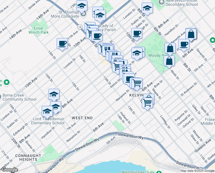 map of restaurants, bars, coffee shops, grocery stores, and more near 1306 Hamilton Street in New Westminster