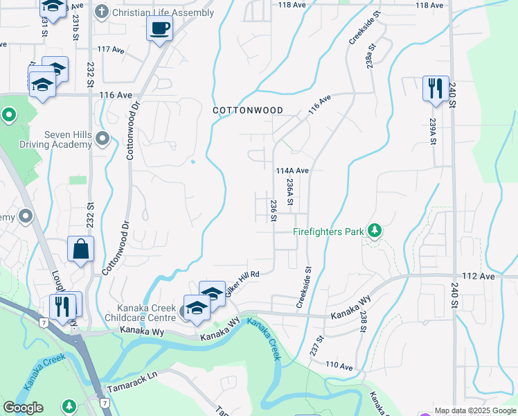 map of restaurants, bars, coffee shops, grocery stores, and more near 11405 236 Street in Maple Ridge