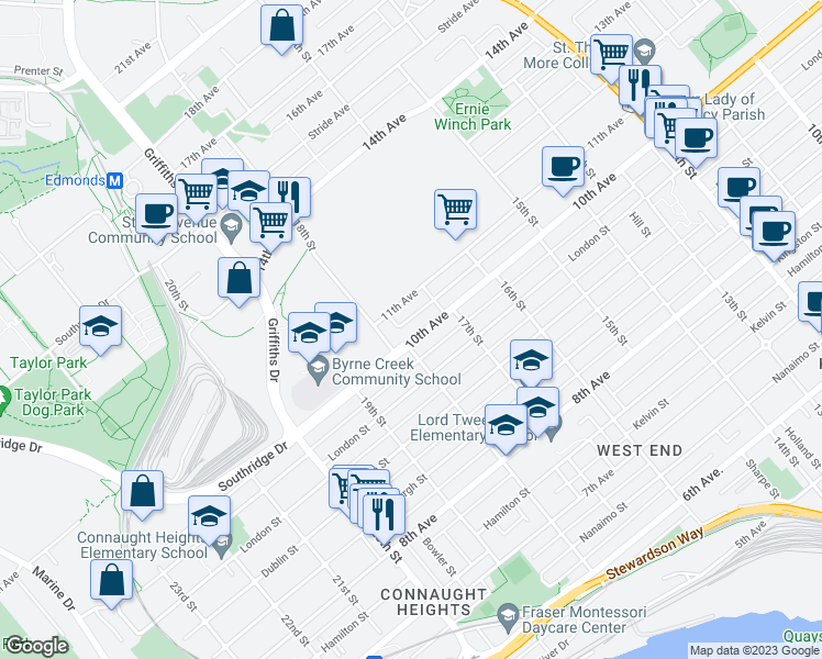 map of restaurants, bars, coffee shops, grocery stores, and more near 7119 Tenth Avenue in Burnaby