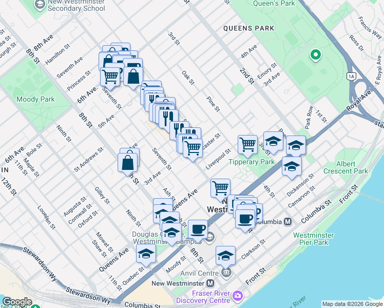 map of restaurants, bars, coffee shops, grocery stores, and more near 233 Sixth Street in New Westminster