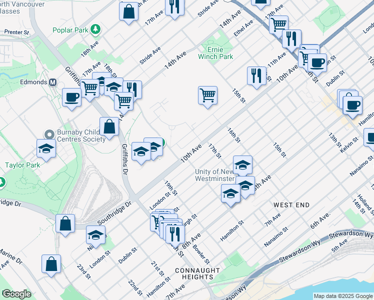 map of restaurants, bars, coffee shops, grocery stores, and more near 7119 10th Avenue in Burnaby