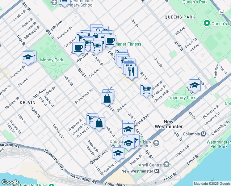 map of restaurants, bars, coffee shops, grocery stores, and more near 409 Ash Street in New Westminster