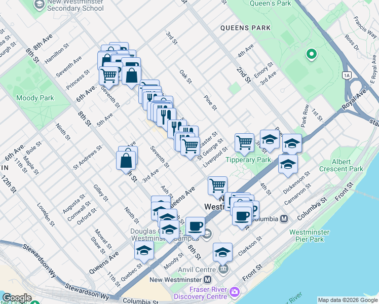map of restaurants, bars, coffee shops, grocery stores, and more near 233 Sixth Street in New Westminster