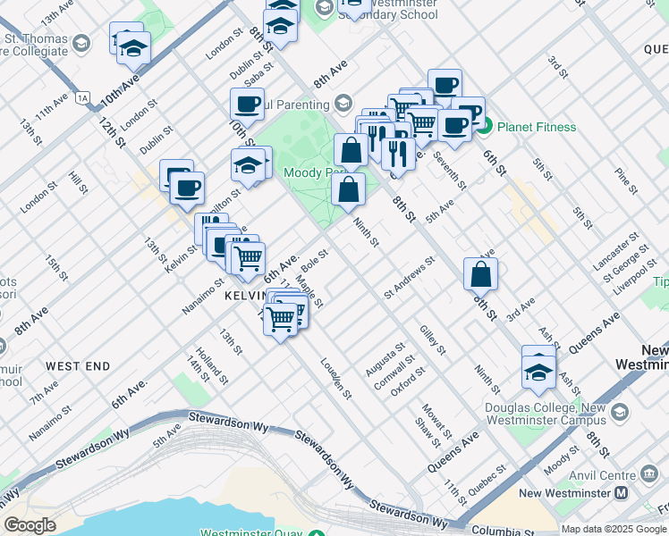 map of restaurants, bars, coffee shops, grocery stores, and more near 1009 Howay Street in New Westminster