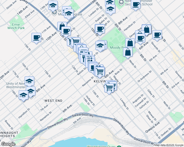 map of restaurants, bars, coffee shops, grocery stores, and more near 630 12th Street in New Westminster