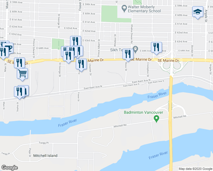 map of restaurants, bars, coffee shops, grocery stores, and more near 40 East Kent Avenue North in Vancouver