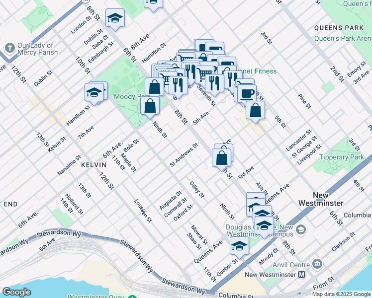 map of restaurants, bars, coffee shops, grocery stores, and more near 817 Saint Andrews Street in New Westminster
