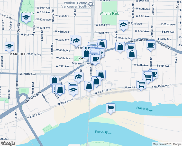 map of restaurants, bars, coffee shops, grocery stores, and more near 8479 Cambie Street in Vancouver