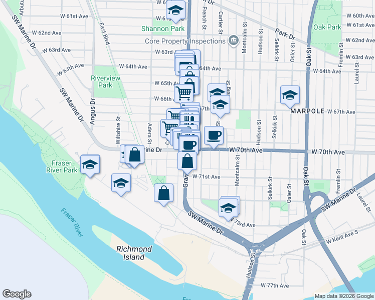 map of restaurants, bars, coffee shops, grocery stores, and more near Granville St & W 70th Ave in Vancouver