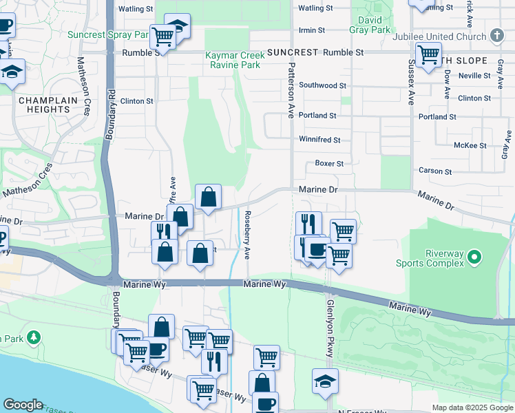 map of restaurants, bars, coffee shops, grocery stores, and more near 4028 Marine Drive in Burnaby
