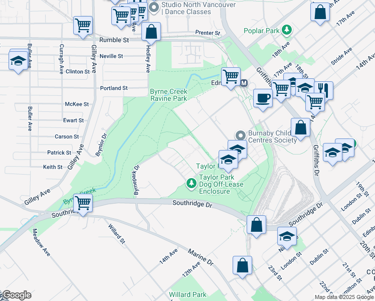 map of restaurants, bars, coffee shops, grocery stores, and more near 7428 Byrnepark Walk in Burnaby