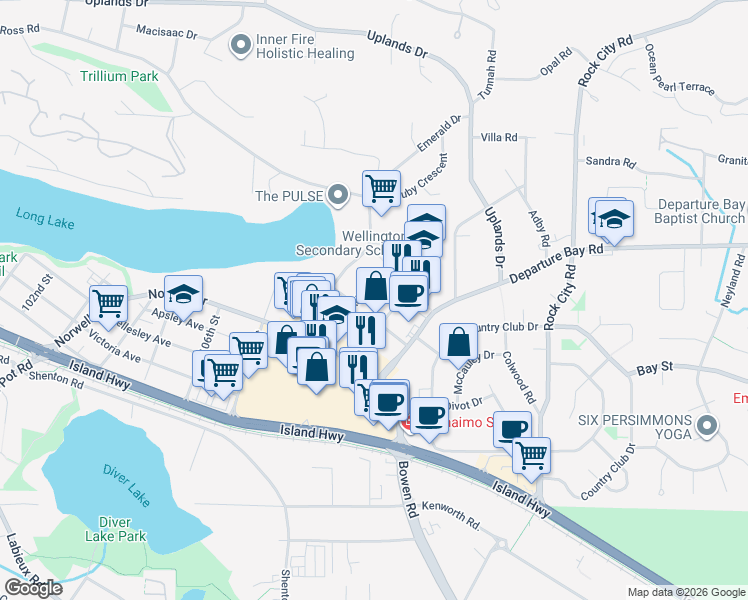 map of restaurants, bars, coffee shops, grocery stores, and more near 3126 Barons Road in Nanaimo