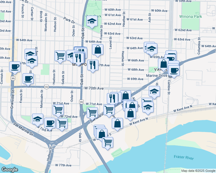 map of restaurants, bars, coffee shops, grocery stores, and more near 861 West 70th Avenue in Vancouver