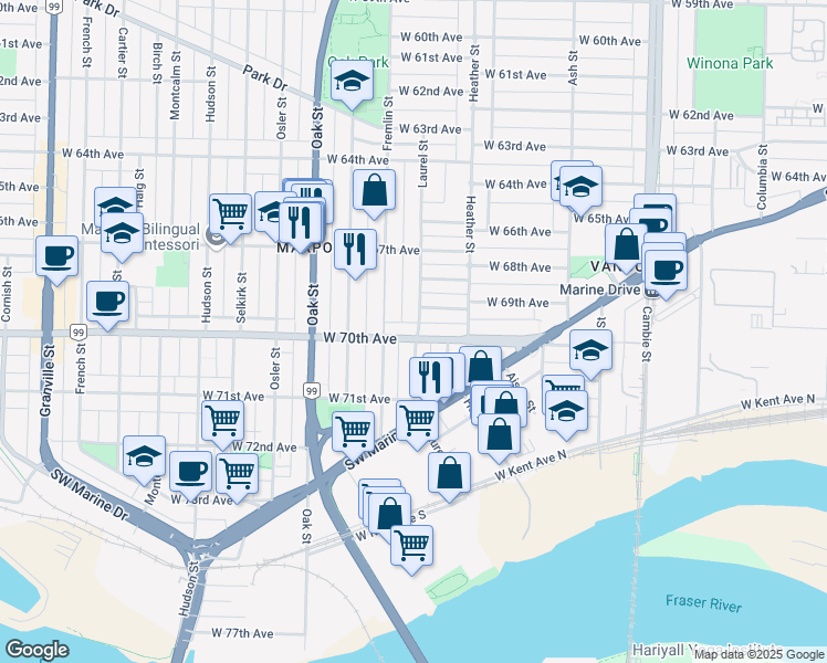 map of restaurants, bars, coffee shops, grocery stores, and more near 861 West 70th Avenue in Vancouver