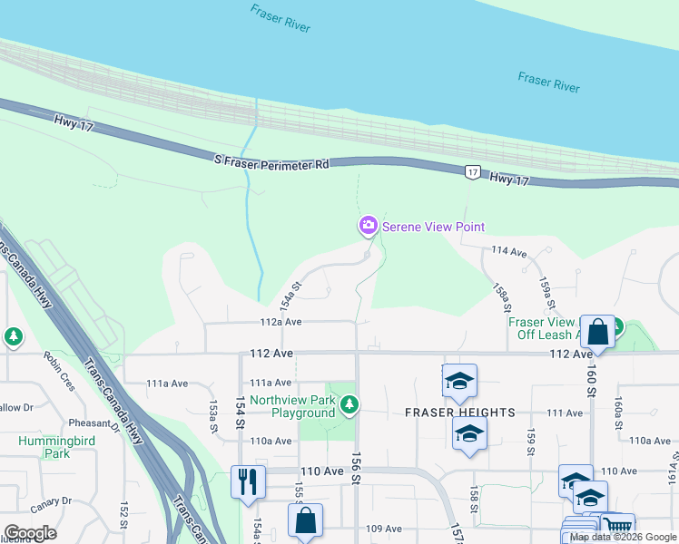map of restaurants, bars, coffee shops, grocery stores, and more near 11376 154A Street in Surrey