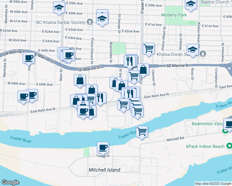 map of restaurants, bars, coffee shops, grocery stores, and more near in Vancouver
