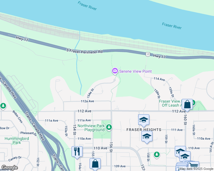 map of restaurants, bars, coffee shops, grocery stores, and more near 11382 154A Street in Surrey