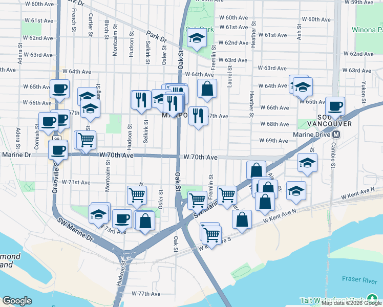 map of restaurants, bars, coffee shops, grocery stores, and more near 977 West 70th Avenue in Vancouver