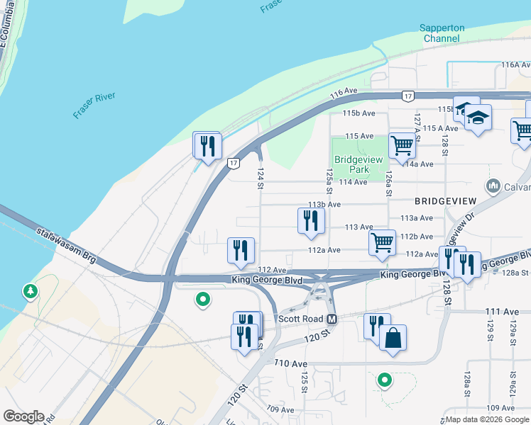 map of restaurants, bars, coffee shops, grocery stores, and more near 11332 124 Street in Surrey