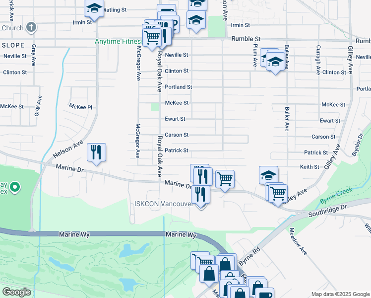 map of restaurants, bars, coffee shops, grocery stores, and more near 5369 Patrick Street in Burnaby