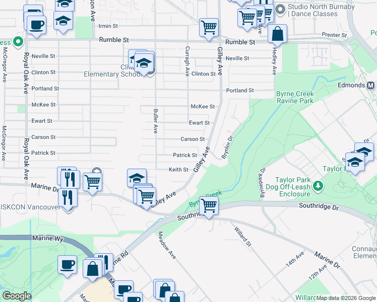 map of restaurants, bars, coffee shops, grocery stores, and more near 6107 Patrick Street in Burnaby