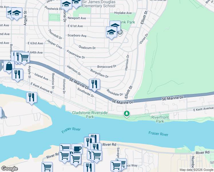 map of restaurants, bars, coffee shops, grocery stores, and more near 2321 Harrison Drive in Vancouver