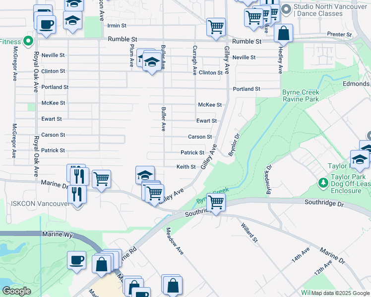 map of restaurants, bars, coffee shops, grocery stores, and more near 6029 Patrick Street in Burnaby