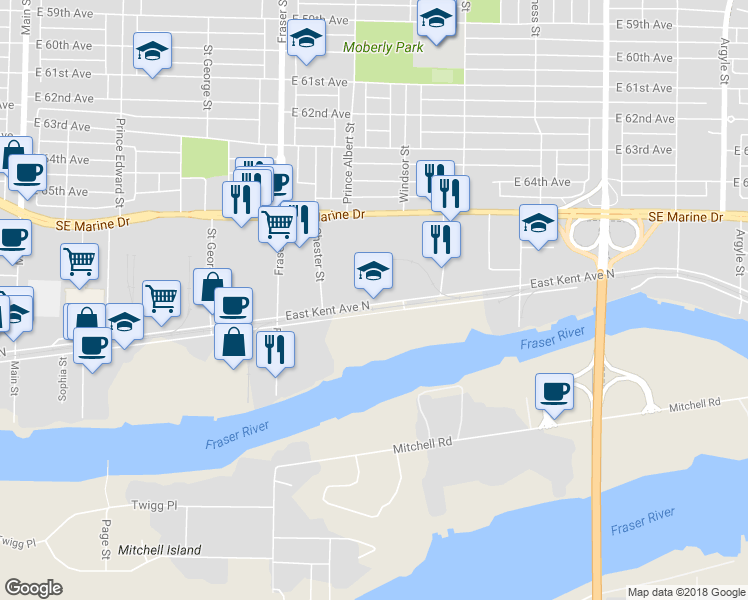 map of restaurants, bars, coffee shops, grocery stores, and more near 5 East Kent Avenue North in Vancouver