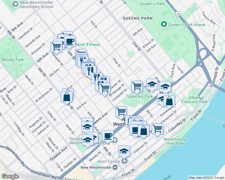map of restaurants, bars, coffee shops, grocery stores, and more near 513 Saint George Street in New Westminster