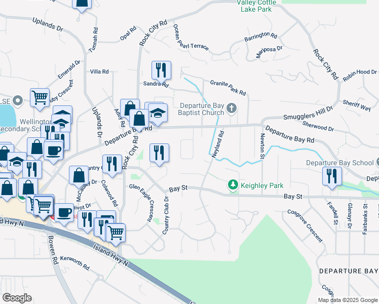map of restaurants, bars, coffee shops, grocery stores, and more near 3085 Shamrock Place in Nanaimo