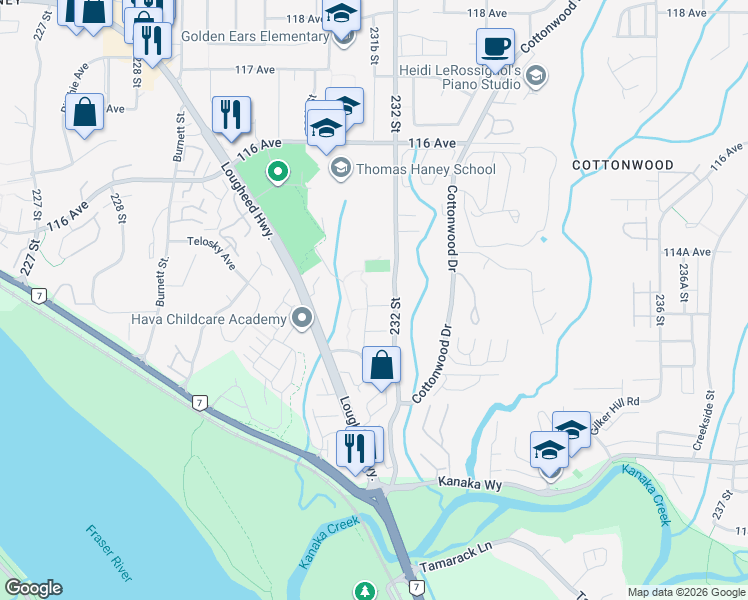 map of restaurants, bars, coffee shops, grocery stores, and more near 23171 113B Avenue in Maple Ridge