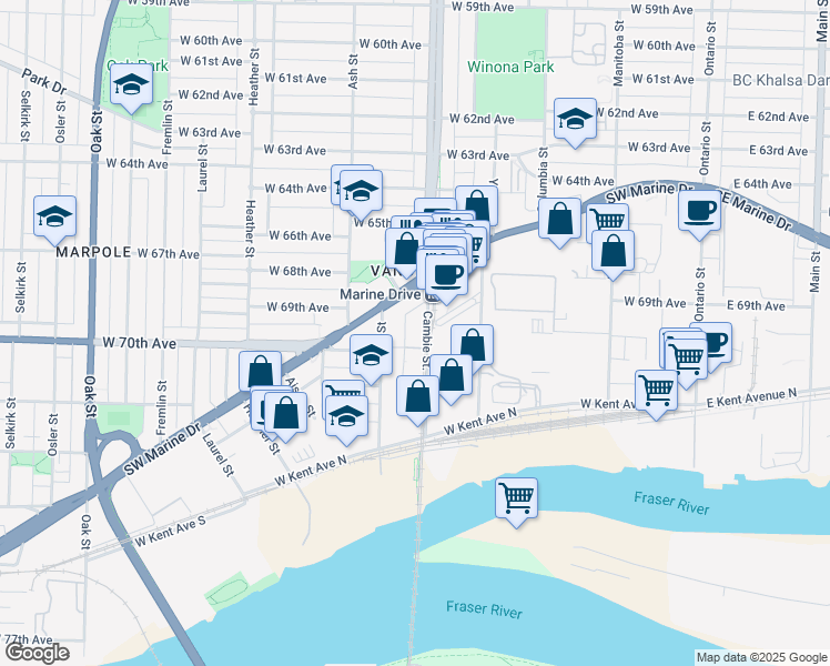 map of restaurants, bars, coffee shops, grocery stores, and more near 8483 Cambie Street in Vancouver