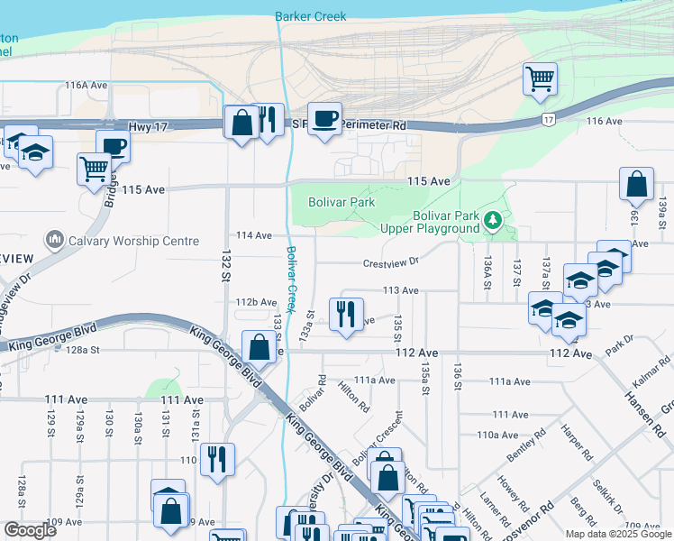 map of restaurants, bars, coffee shops, grocery stores, and more near 13388 Crestview Drive in Surrey
