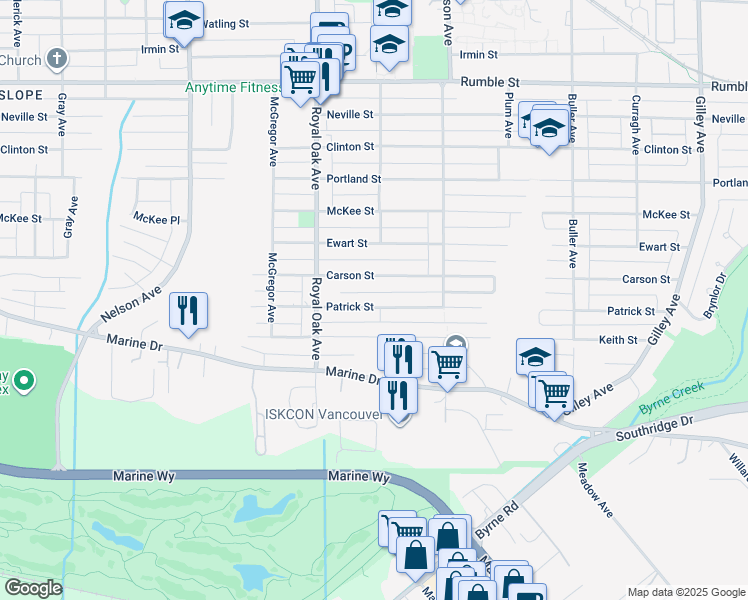 map of restaurants, bars, coffee shops, grocery stores, and more near 5389 Patrick Street in Burnaby