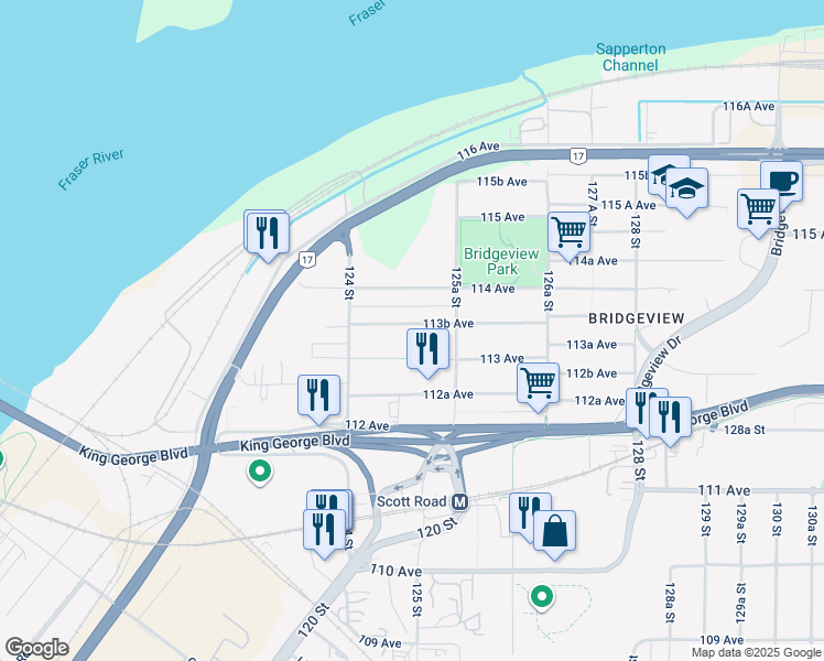 map of restaurants, bars, coffee shops, grocery stores, and more near 12486 113B Avenue in Surrey