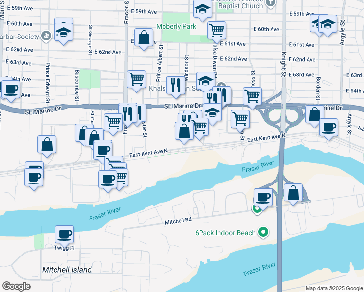 map of restaurants, bars, coffee shops, grocery stores, and more near 901 East Kent Avenue North in Vancouver