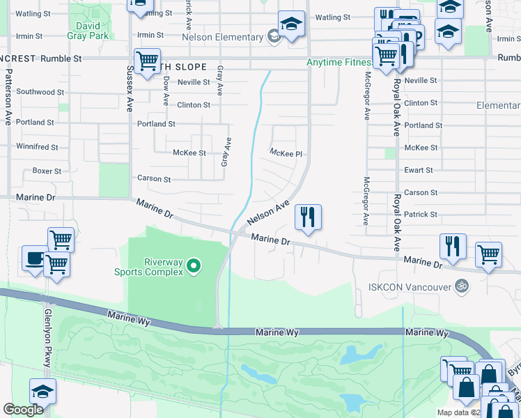 map of restaurants, bars, coffee shops, grocery stores, and more near 8355 Nelson Avenue in Burnaby