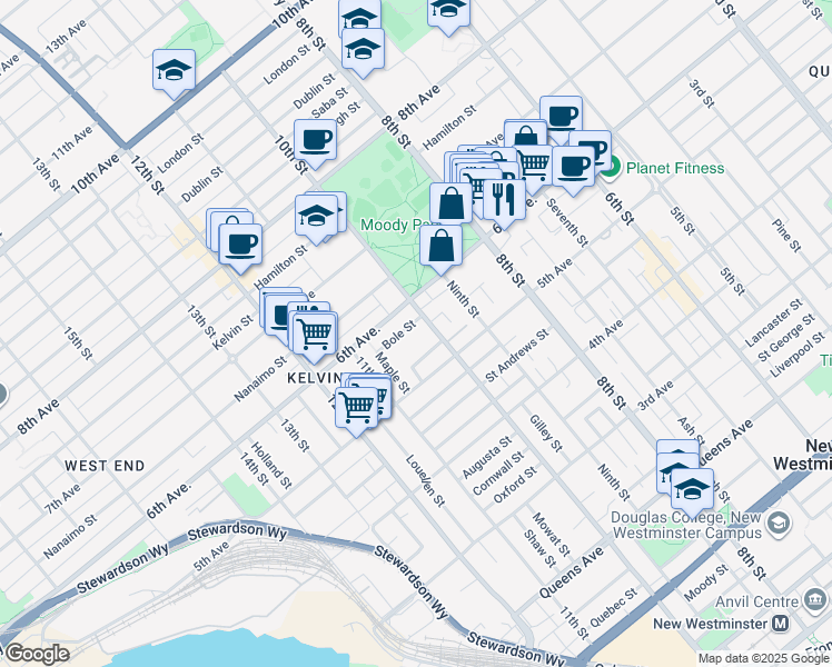 map of restaurants, bars, coffee shops, grocery stores, and more near 520 10th Street in New Westminster